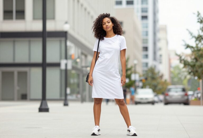 Woman in 90s slip dress and white tee with chunky sneakers
