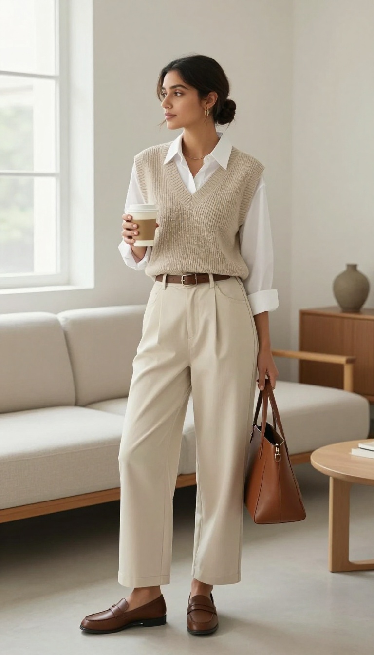 6. The Sweater Vest and Wide-Leg Trousers