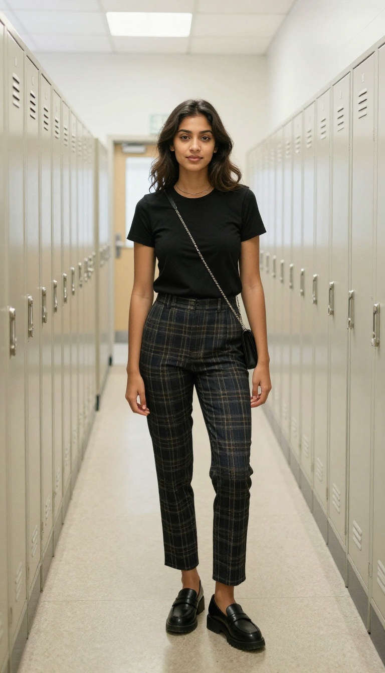 11. Plaid Trousers + Fitted Tee + Loafers