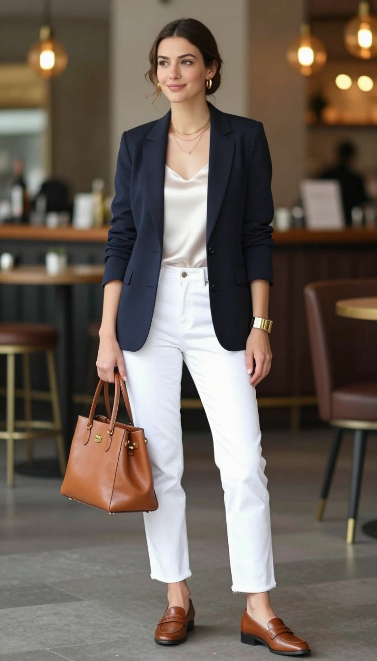 2. Navy Blazer & White Jeans with Gold Accents