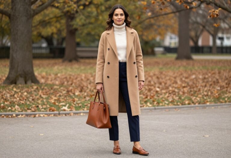 Woman in camel coat and cashmere turtleneck with tailored trousers and loafers in autumn park