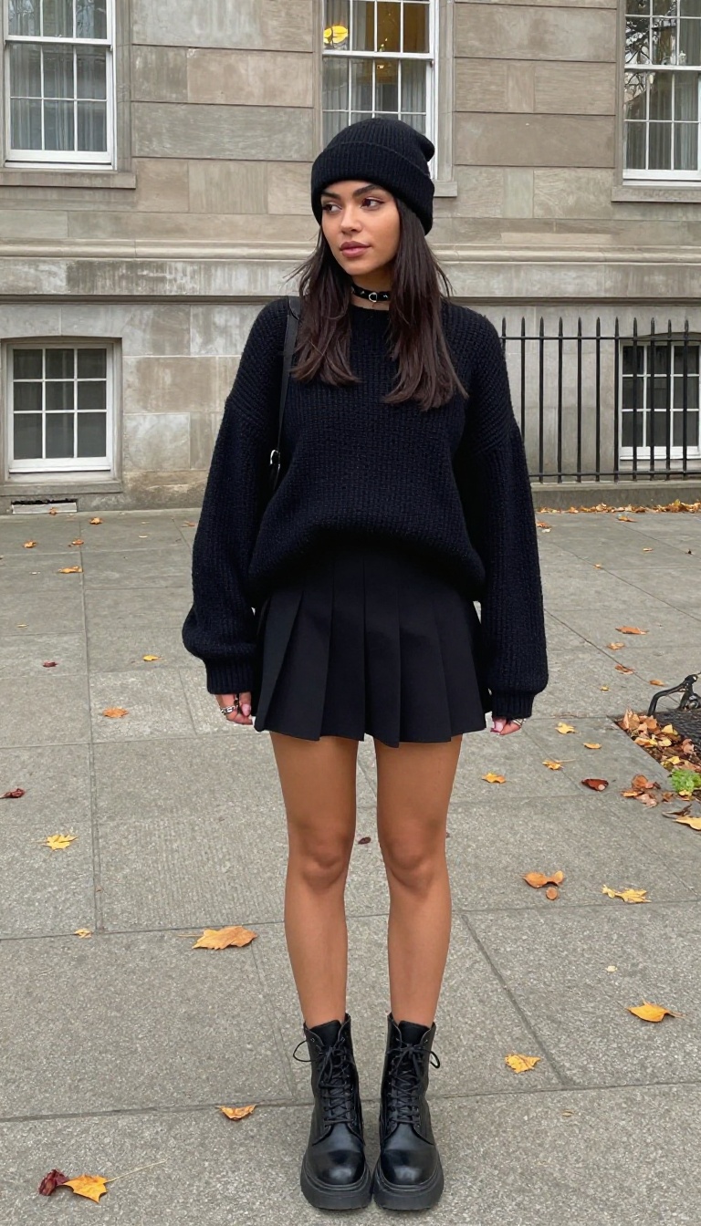 3. Oversized Sweater + Pleated Skirt + Combat Boots