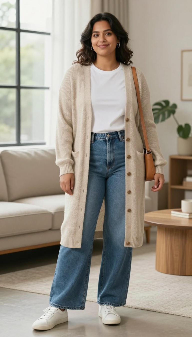 2. The Elevated Cardigan: Soft Knit Over Wide-Leg Jeans