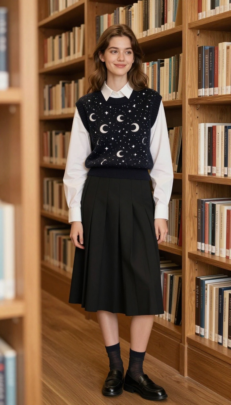 9. Knit Sweater Vest + White Button-Up + Pleated Skirt
