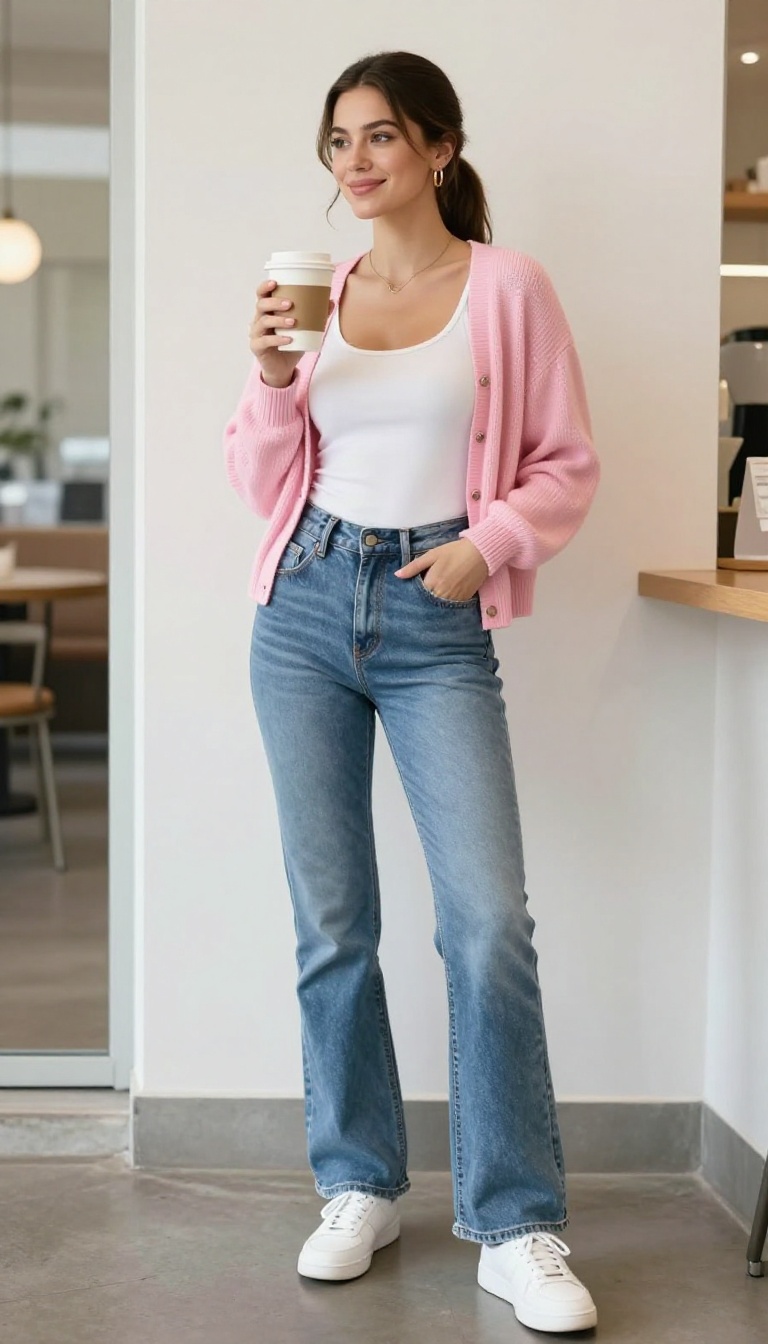 2. Low-Rise Flared Jeans & a Cropped Cardigan