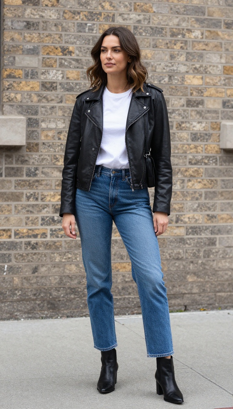 3. Black Leather Jacket + White Tee + Straight-Leg Jeans