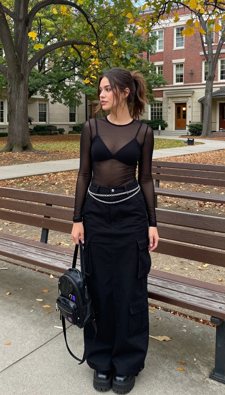 8. Mesh Top + Cargo Skirt + Chunky Heels