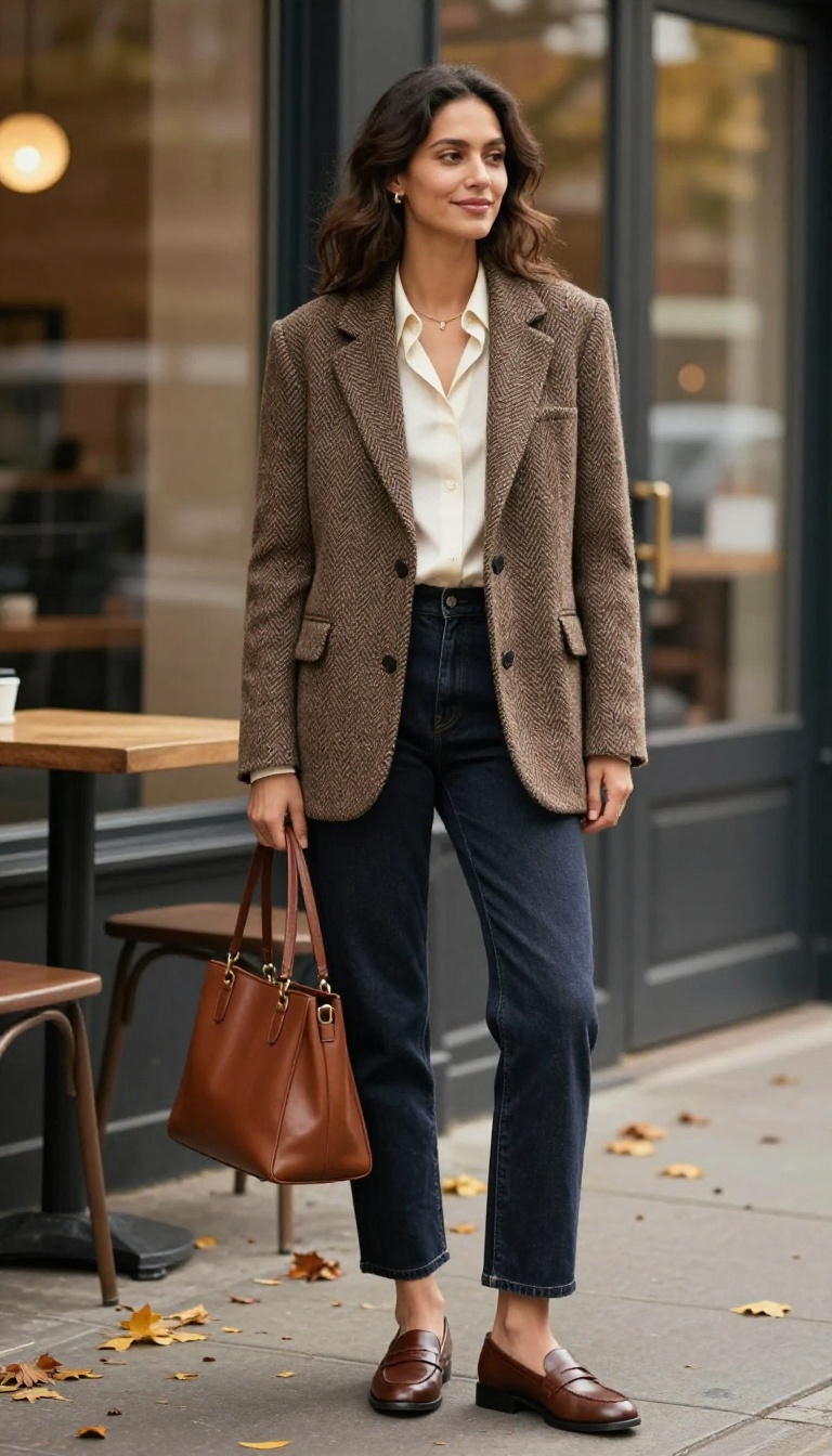 2. Tweed Blazer with Dark Denim