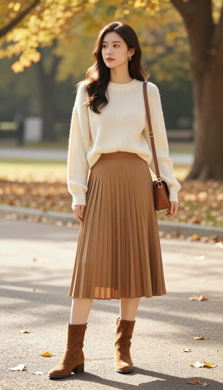 3. The Chunky Knit Sweater With Pleated Midi Skirt