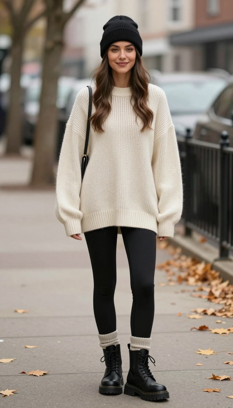 7. Chunky Sweater With Leggings and Combat Boots