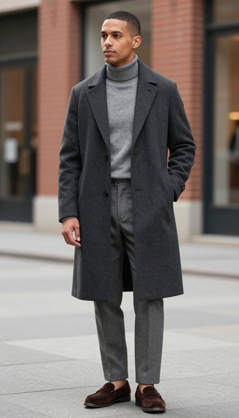6. The Gray Turtleneck with Wool Overcoat and Flannel Trousers