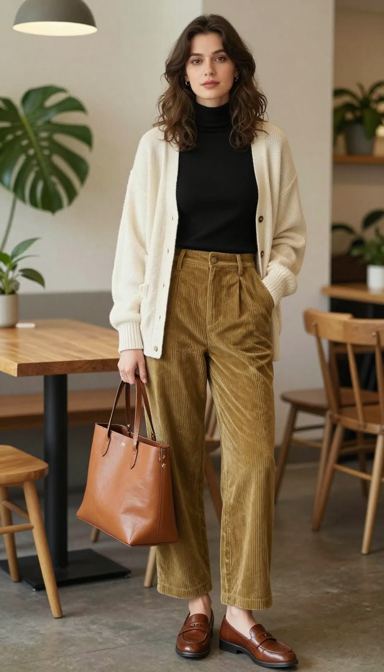 6. Corduroy Pants + Turtleneck + Cardigan + Loafers
