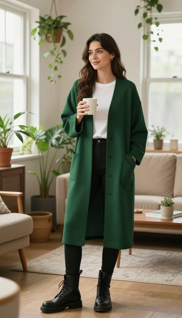 10. Long Duster Cardigan + Simple Tee + Leggings