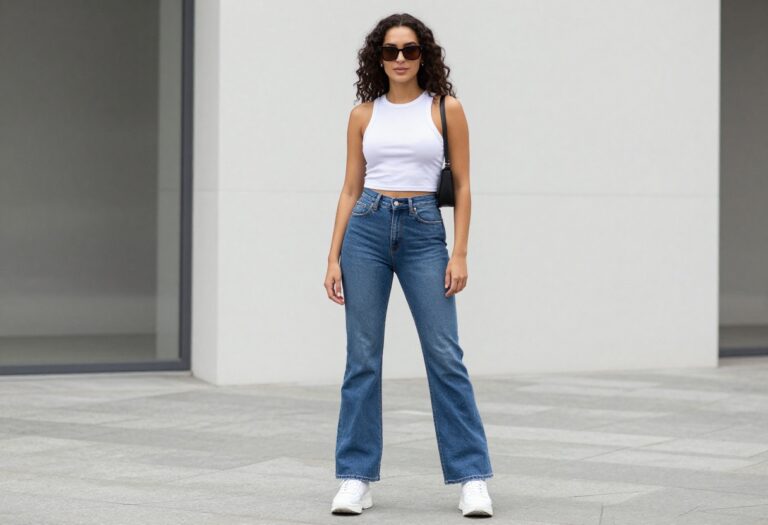 Woman wearing low-rise jeans and baby tee with chunky sneakers in a Y2K style outfit