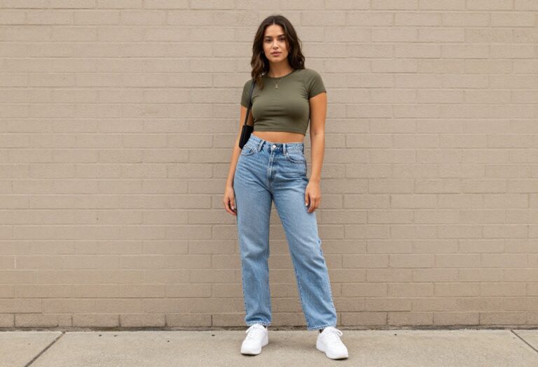 Woman in 90s hip hop outfit with baggy jeans and crop top