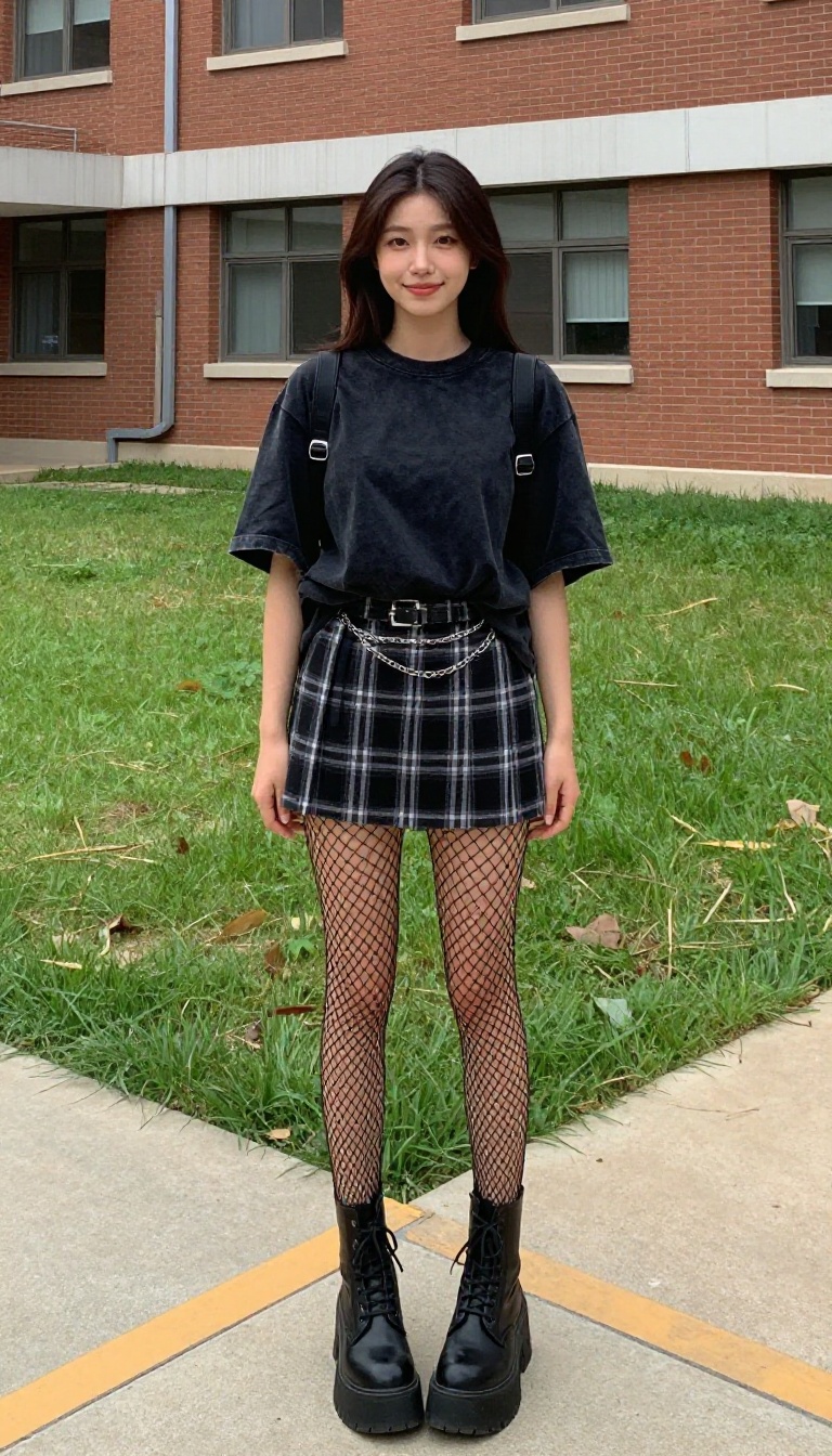 1. Black Plaid Skirt + Band Tee + Chunky Boots