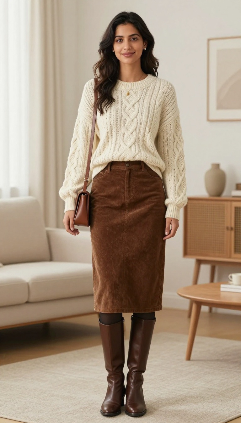 7. The Cable Knit Sweater and Corduroy Skirt