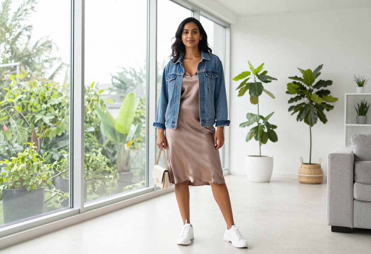 Woman wearing a 90s slip dress and chunky sneakers with a denim jacket