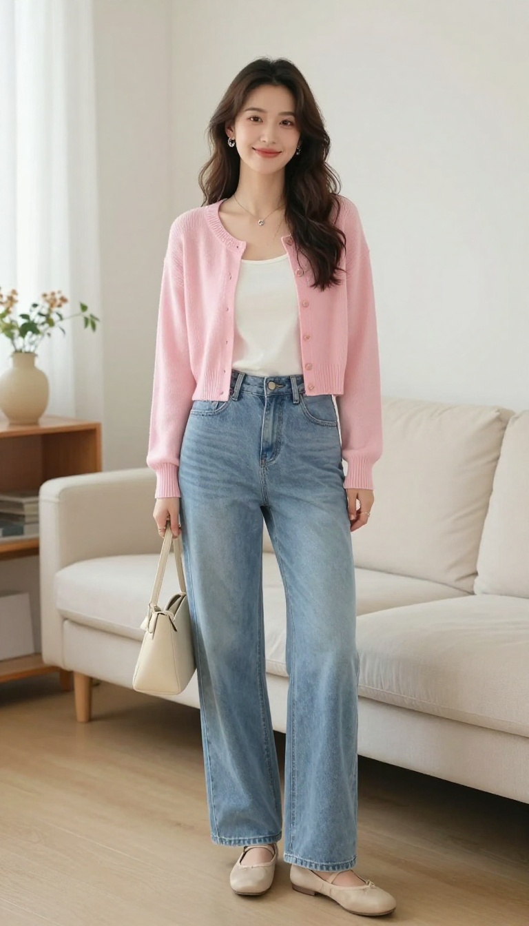 10. Pink Cardigan & Wide-Leg Jeans: Soft Girl Aesthetic