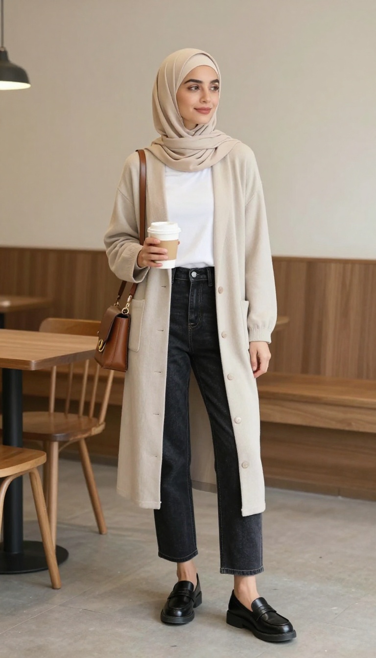 3. Longline Cardigan + Straight-Leg Jeans + Loafers