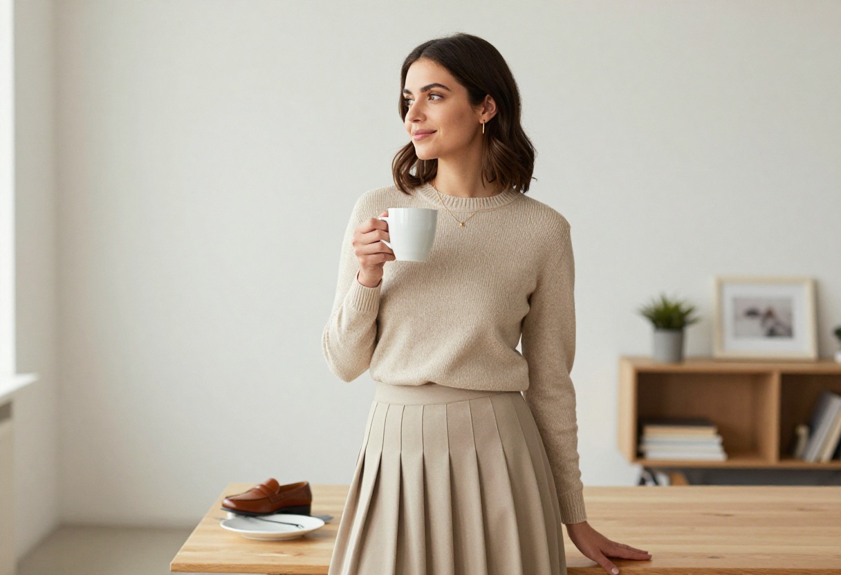 Woman wearing a beige cashmere sweater and pleated midi skirt in a bright living room