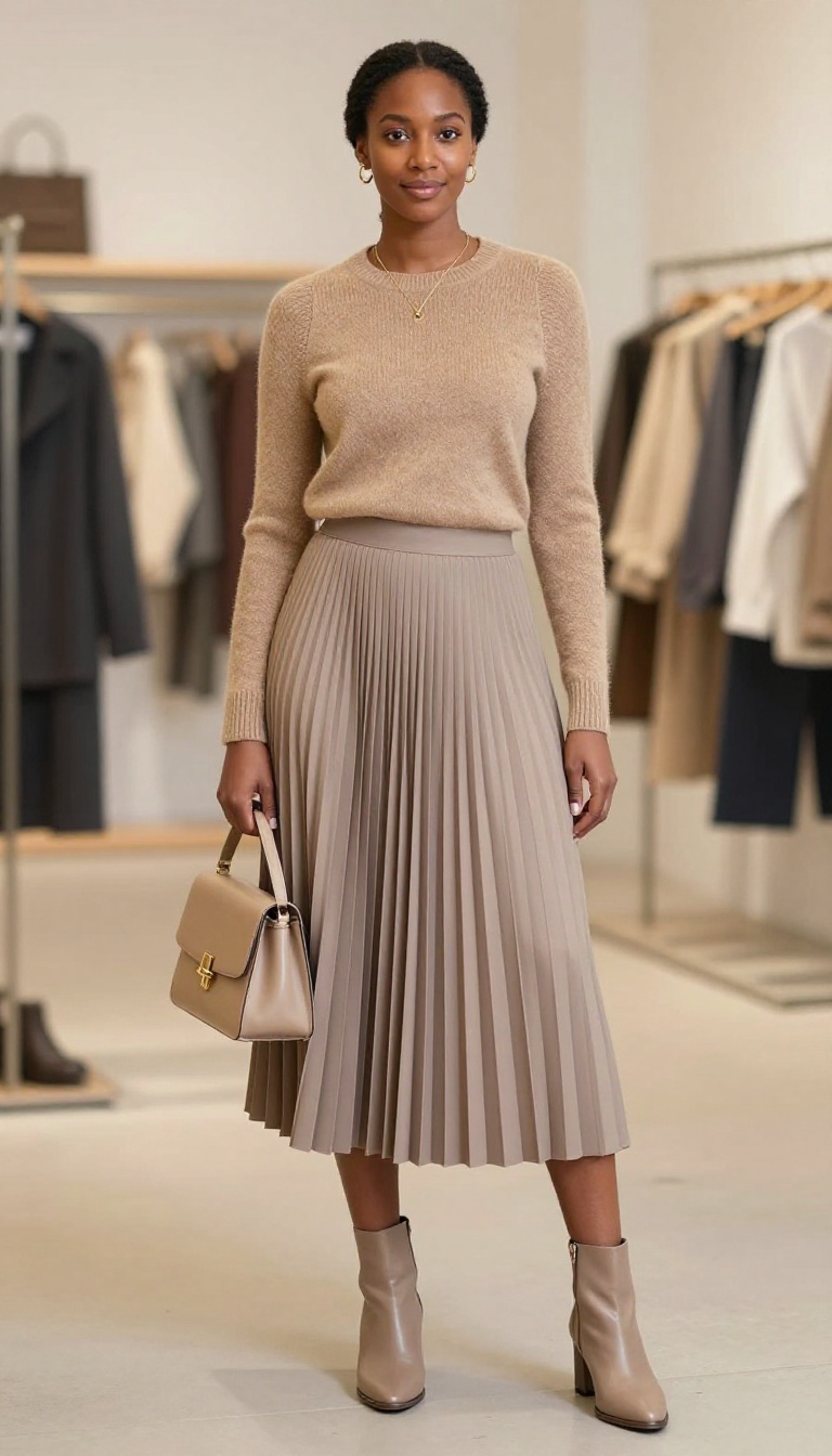 2. The Cashmere Sweater and Pleated Midi Skirt