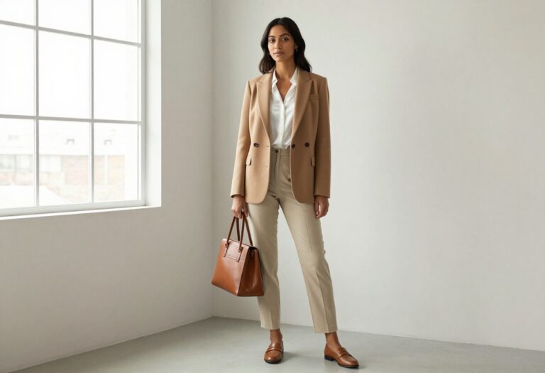 Woman in camel blazer and beige trousers, old money style outfit