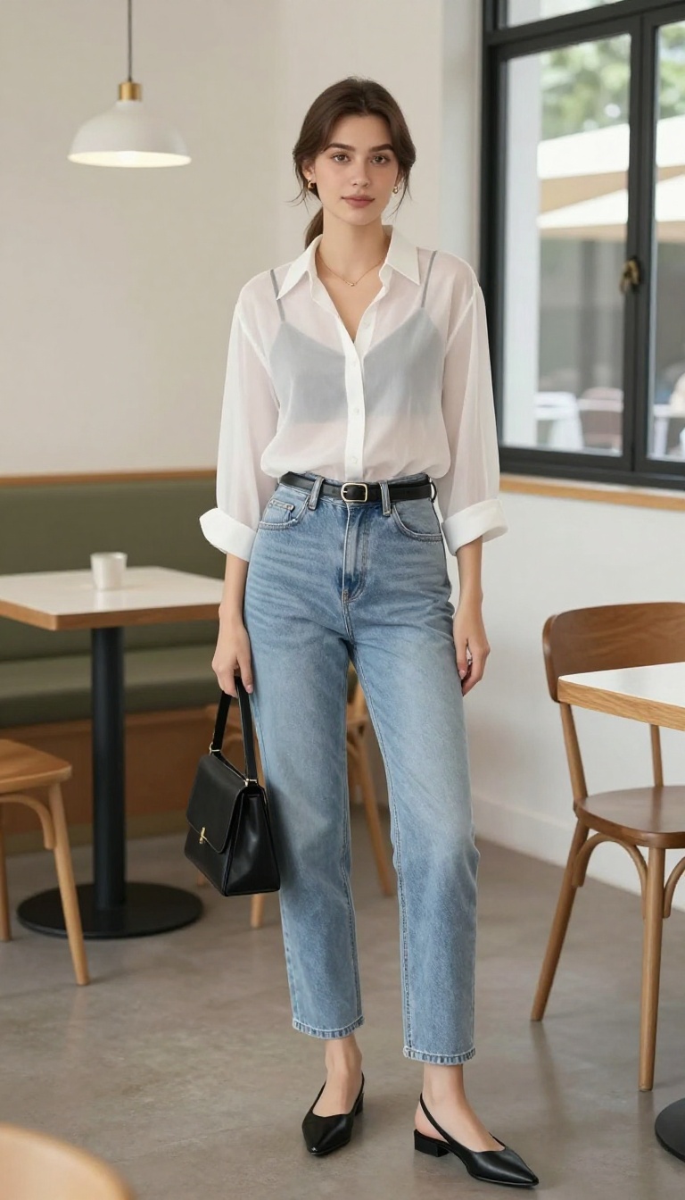 15. Sheer Blouse + Trouser Jeans + Pointed Flats