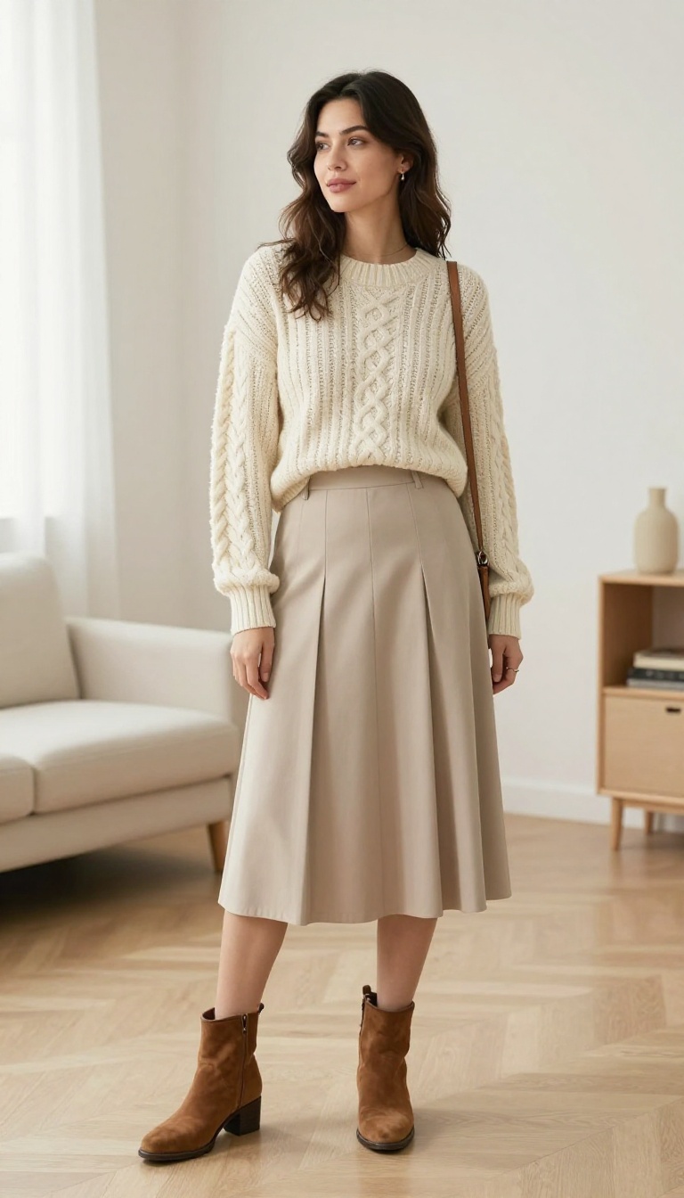 3. The Cable-Knit Sweater and Pleated Midi Skirt