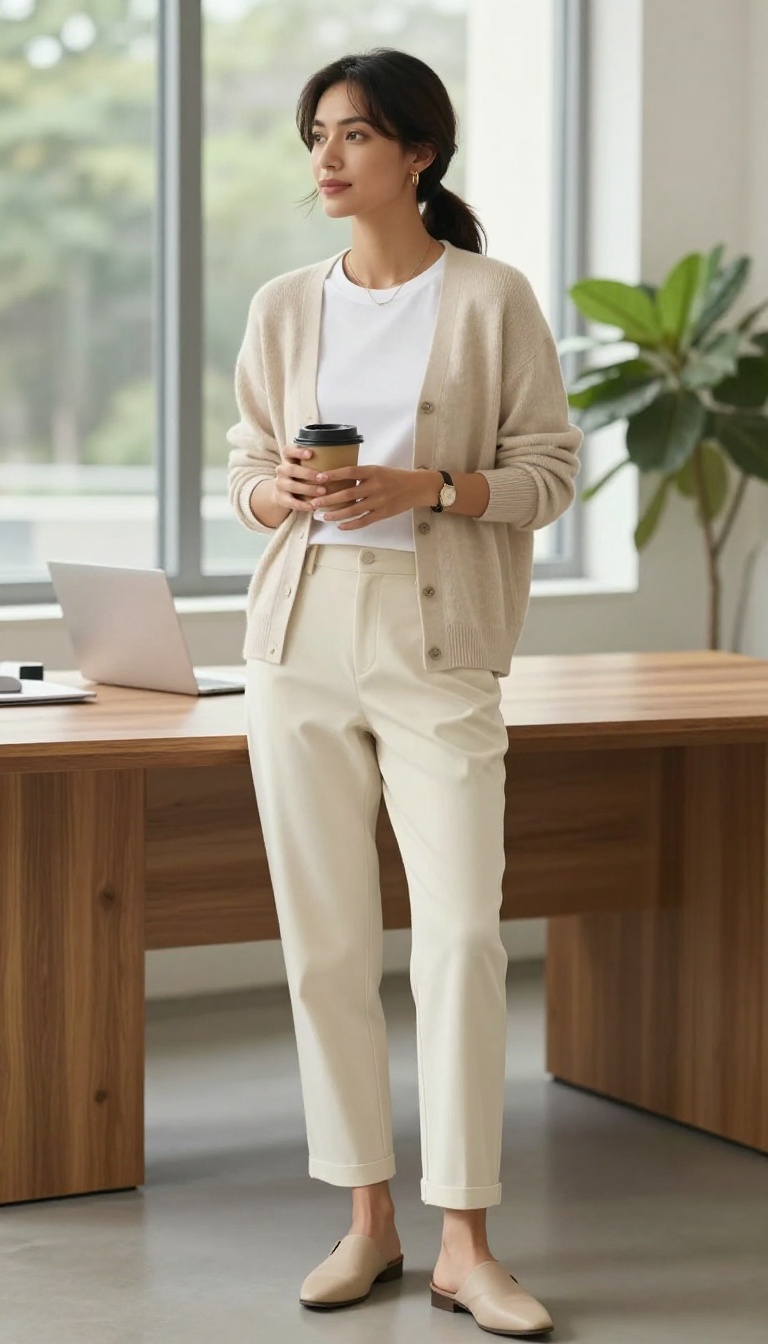 5. Cardigan + Straight-Leg Trousers