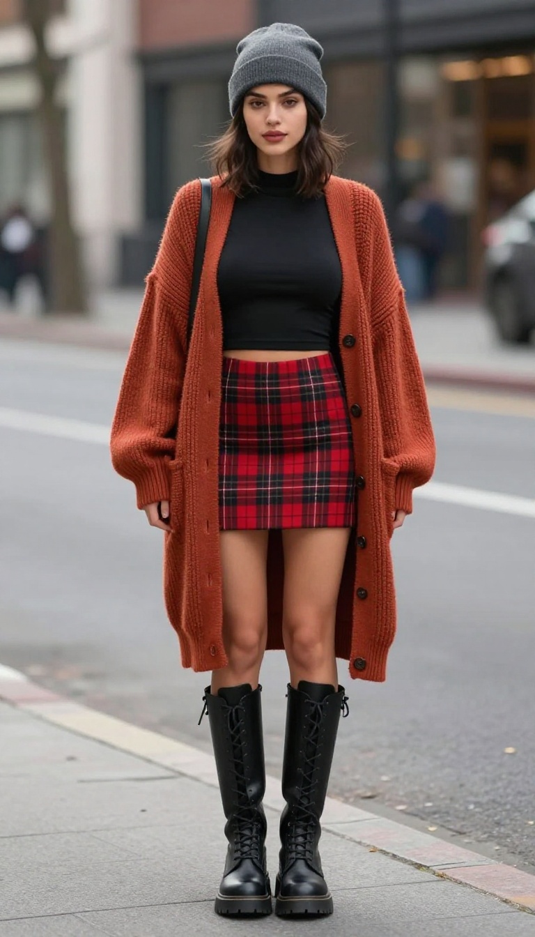 3. Oversized Cardigan and Mini Skirt