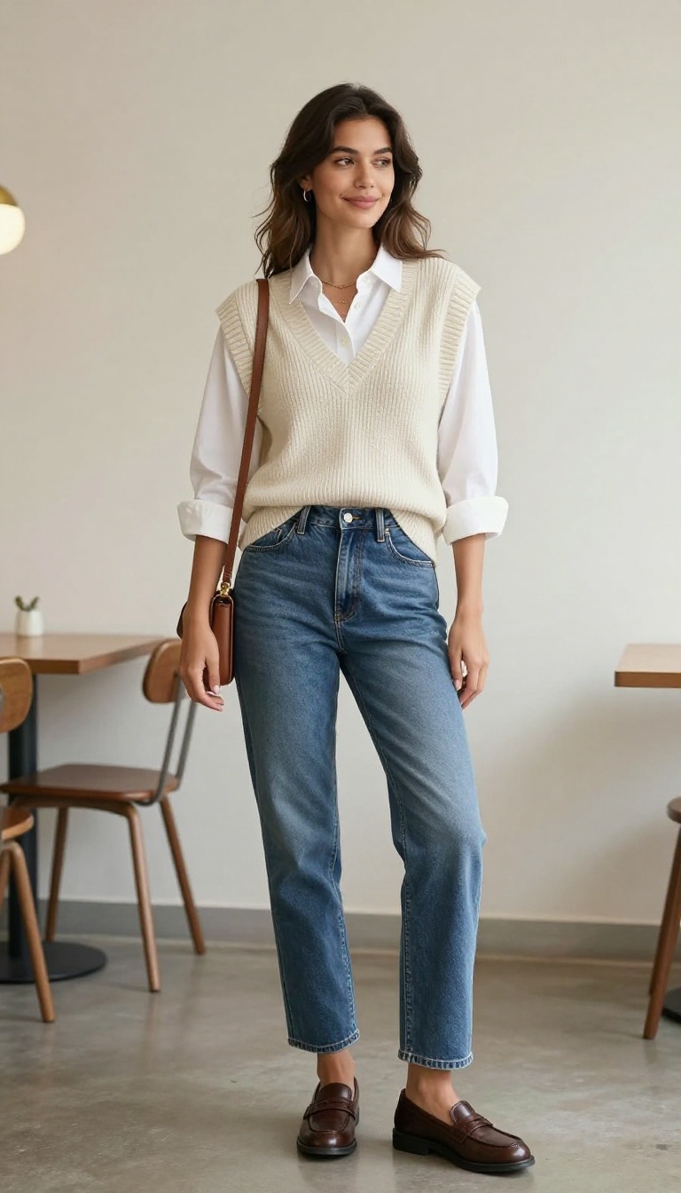 12. The Sweater Vest and Straight-Leg Jeans