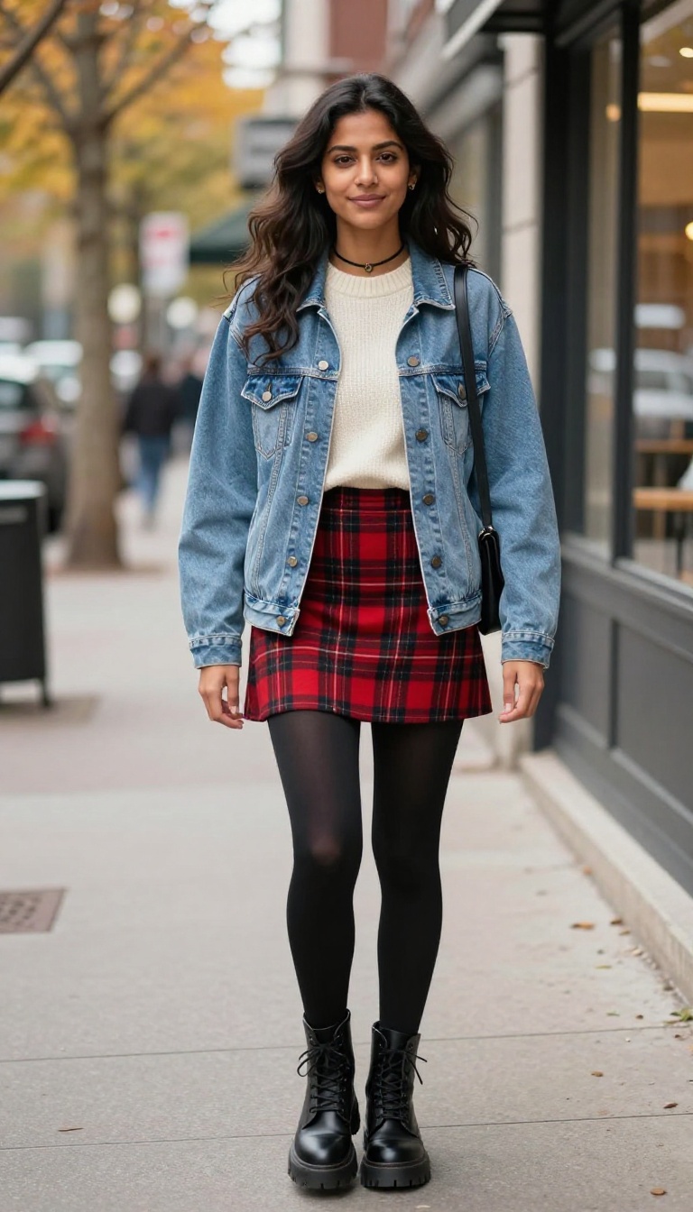 11. Plaid Mini Skirt + Tights + Chunky Boots