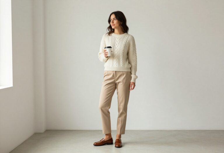Woman wearing a cream cable-knit sweater and beige trousers in a bright living room, embodying casual old money style.