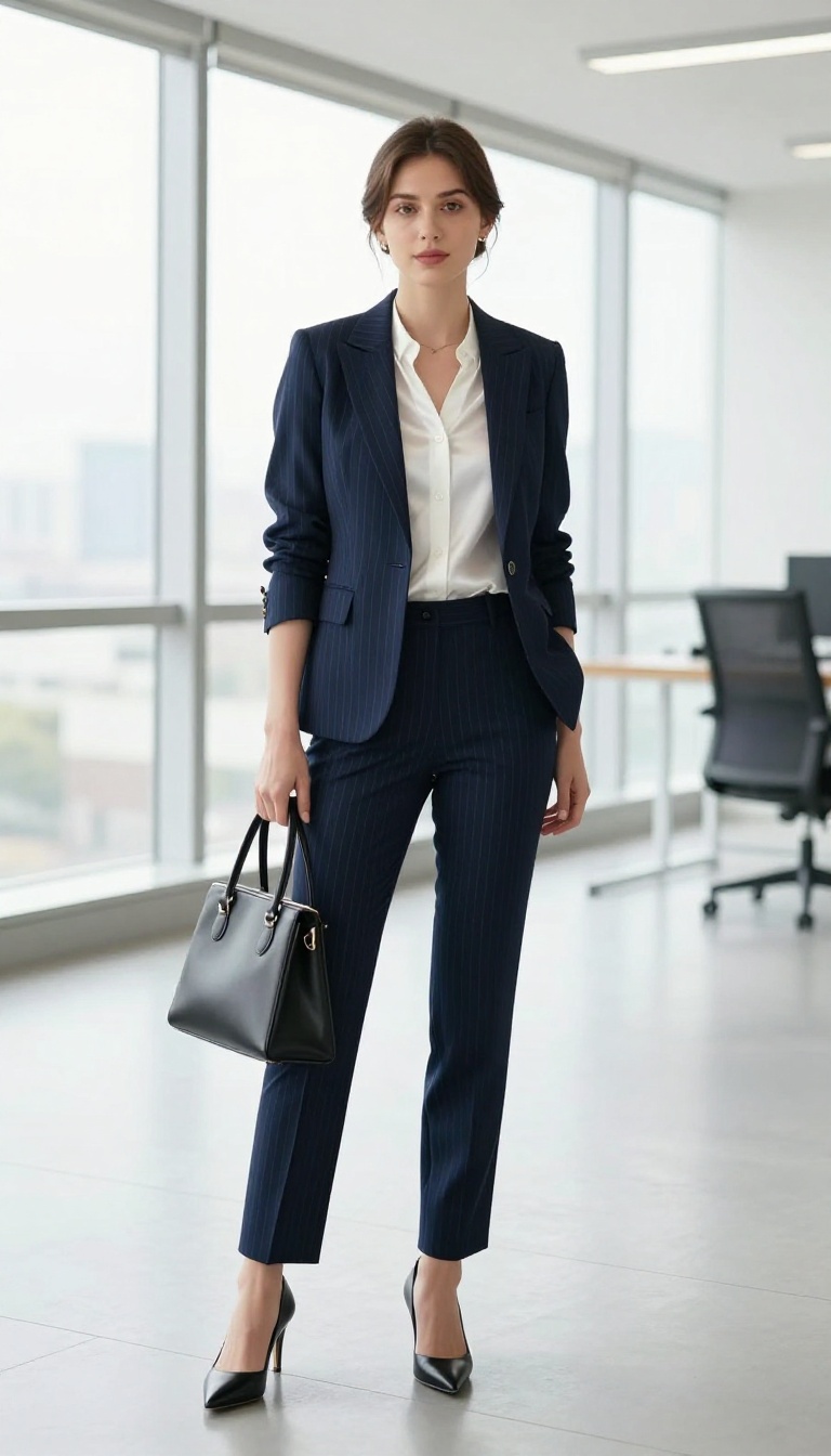 12. The Pinstripe Suit with a Silk Blouse