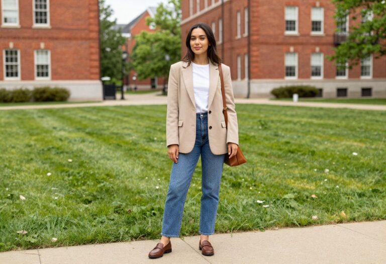 Young woman in old money style outfit with blazer, jeans, and loafers on a university campus