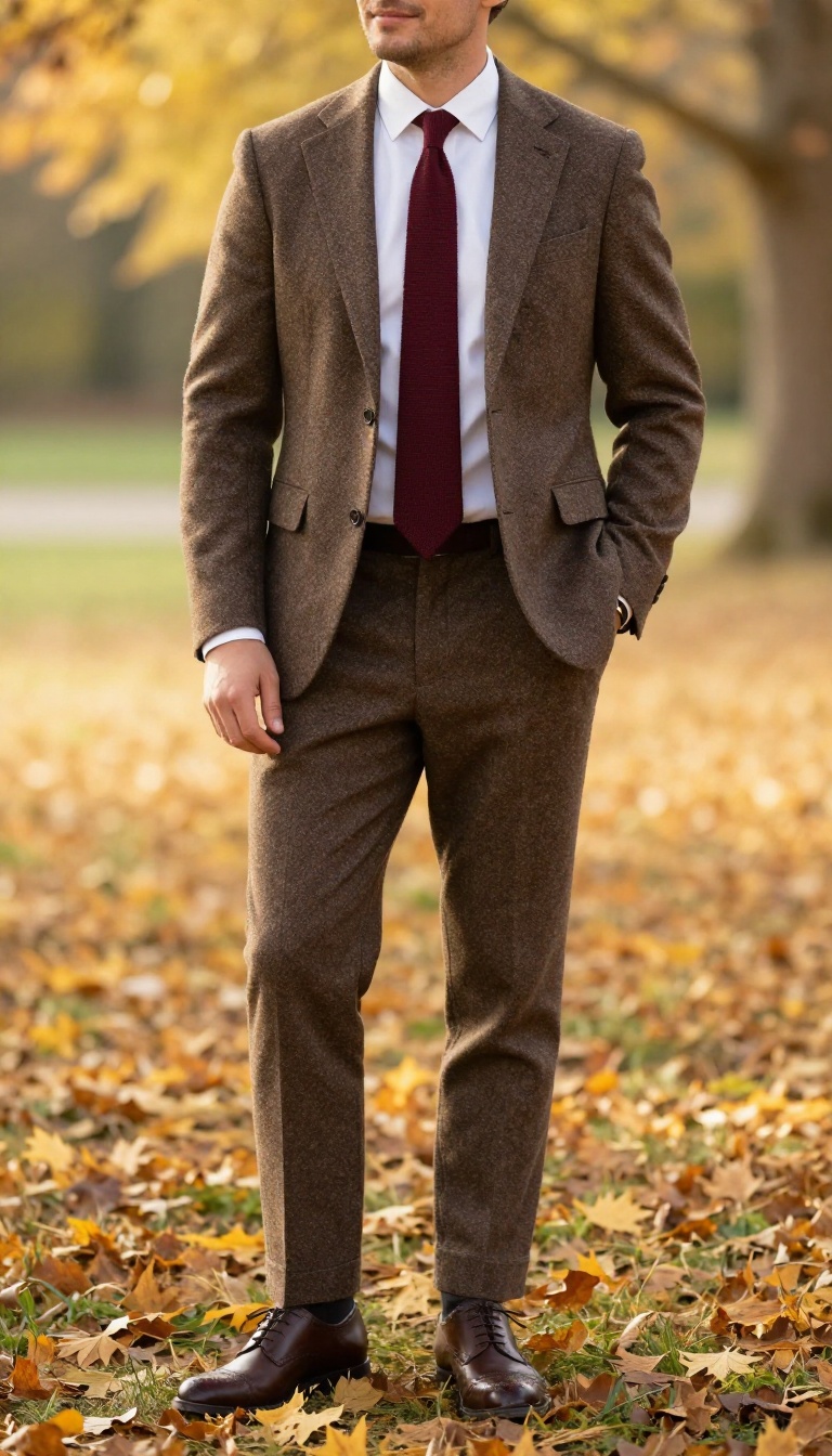 7. Tweed Suit with a Knit Tie and Brogues