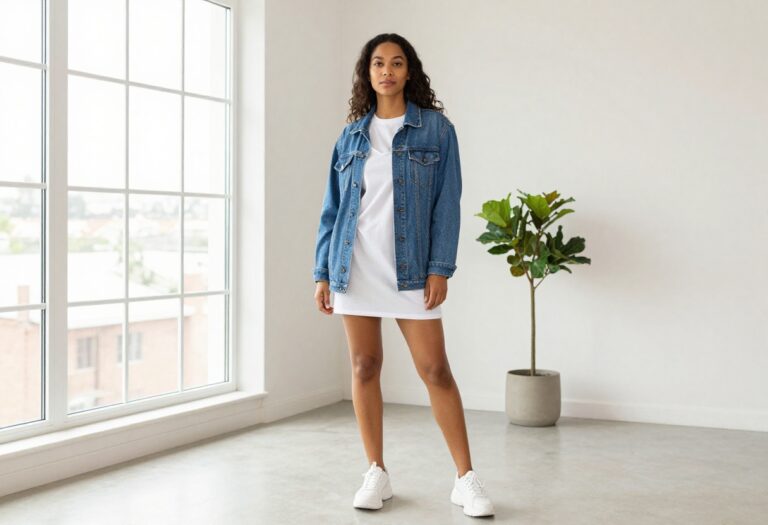 Woman wearing a 90s-inspired slip dress over a white tee with chunky sneakers and a denim jacket