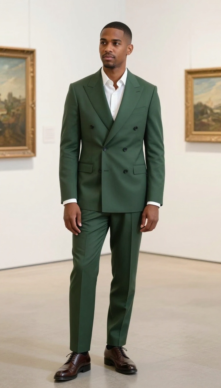 3. Double-Breasted Suit in Deep Green with a Tie Bar