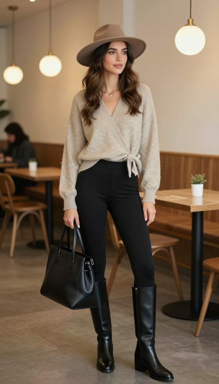 14. Cashmere Wrap Sweater With Black Leggings and Tall Boots