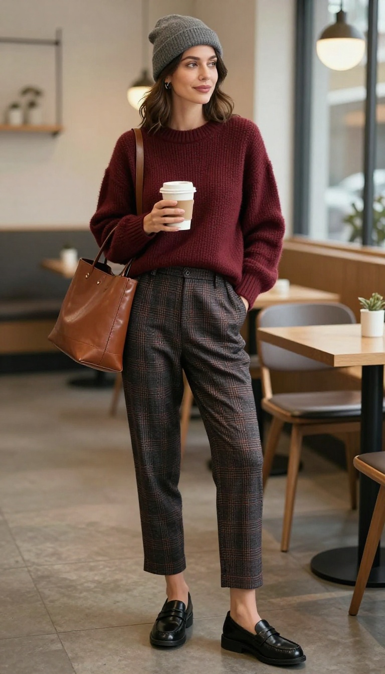 13. Knit Sweater + Plaid Pants + Loafers
