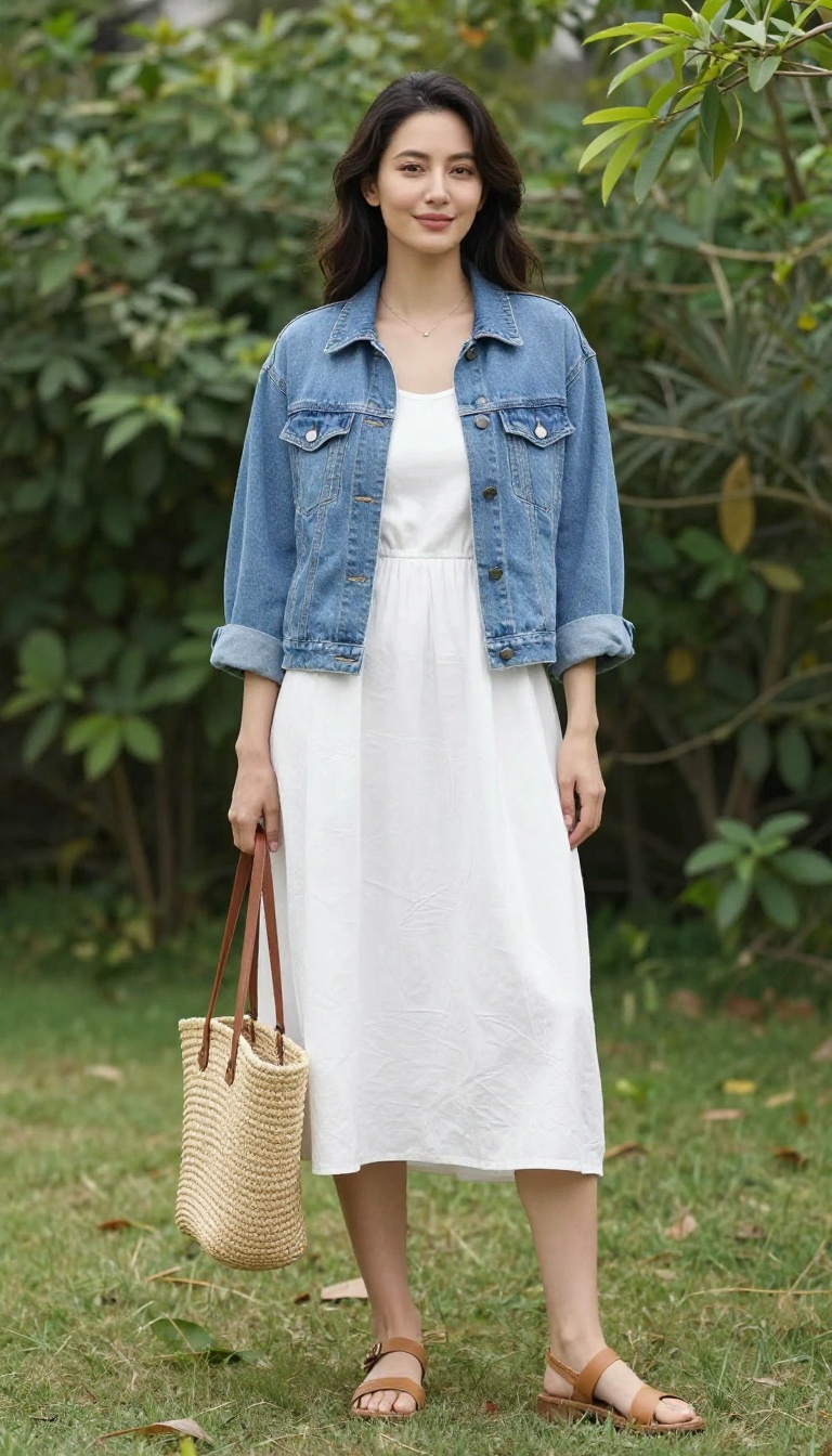 8. The Denim Jacket and Linen Dress