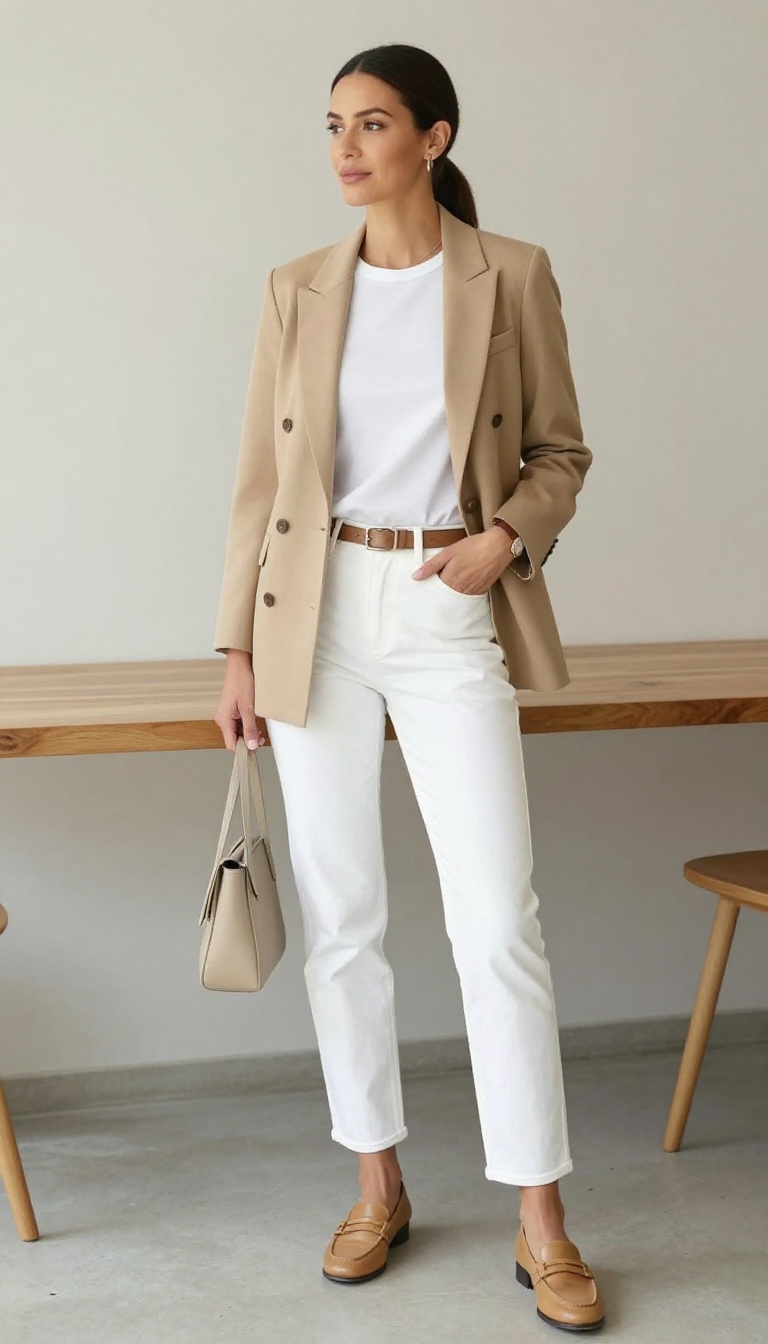 8. The Double-Breasted Blazer and White Jeans