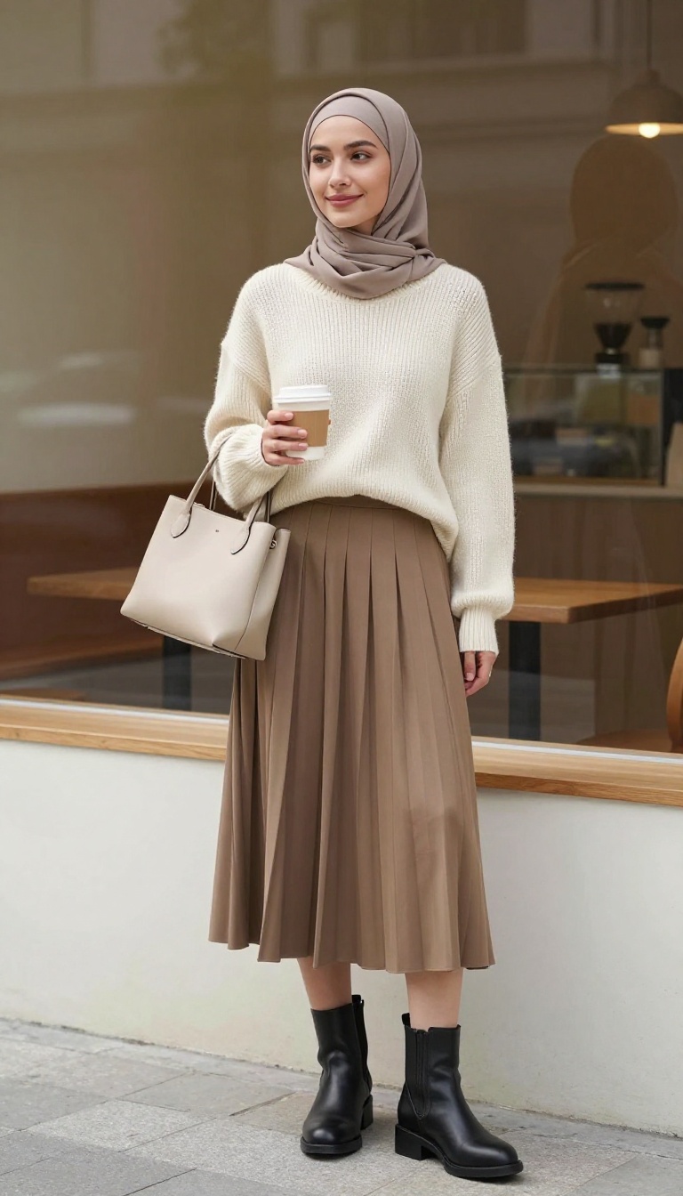 2. Chunky Knit Sweater + Pleated Midi Skirt + Ankle Boots