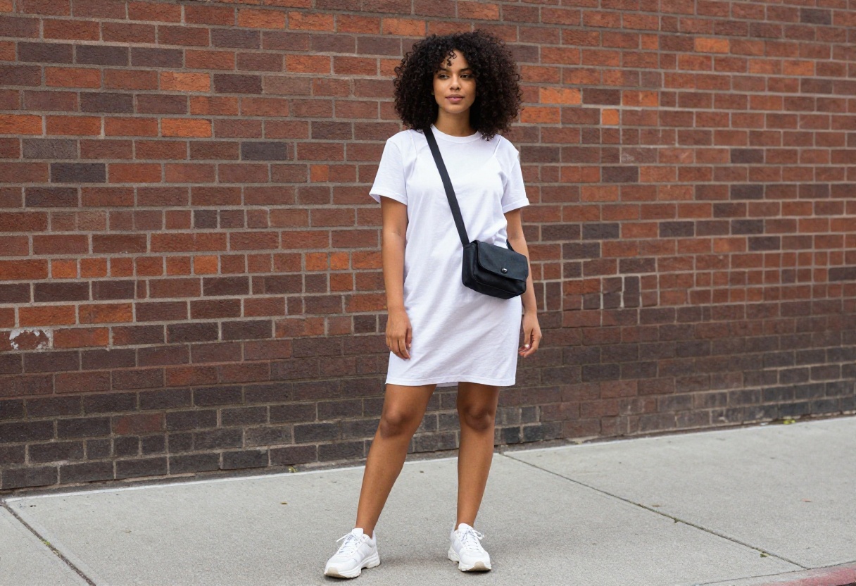 Woman in 90s slip dress and white tee with chunky sneakers on a city street