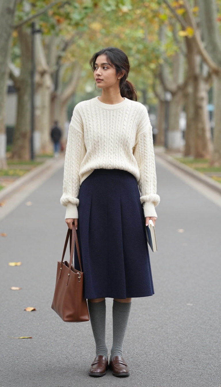 2. Pleated Skirt and Cable-Knit Sweater