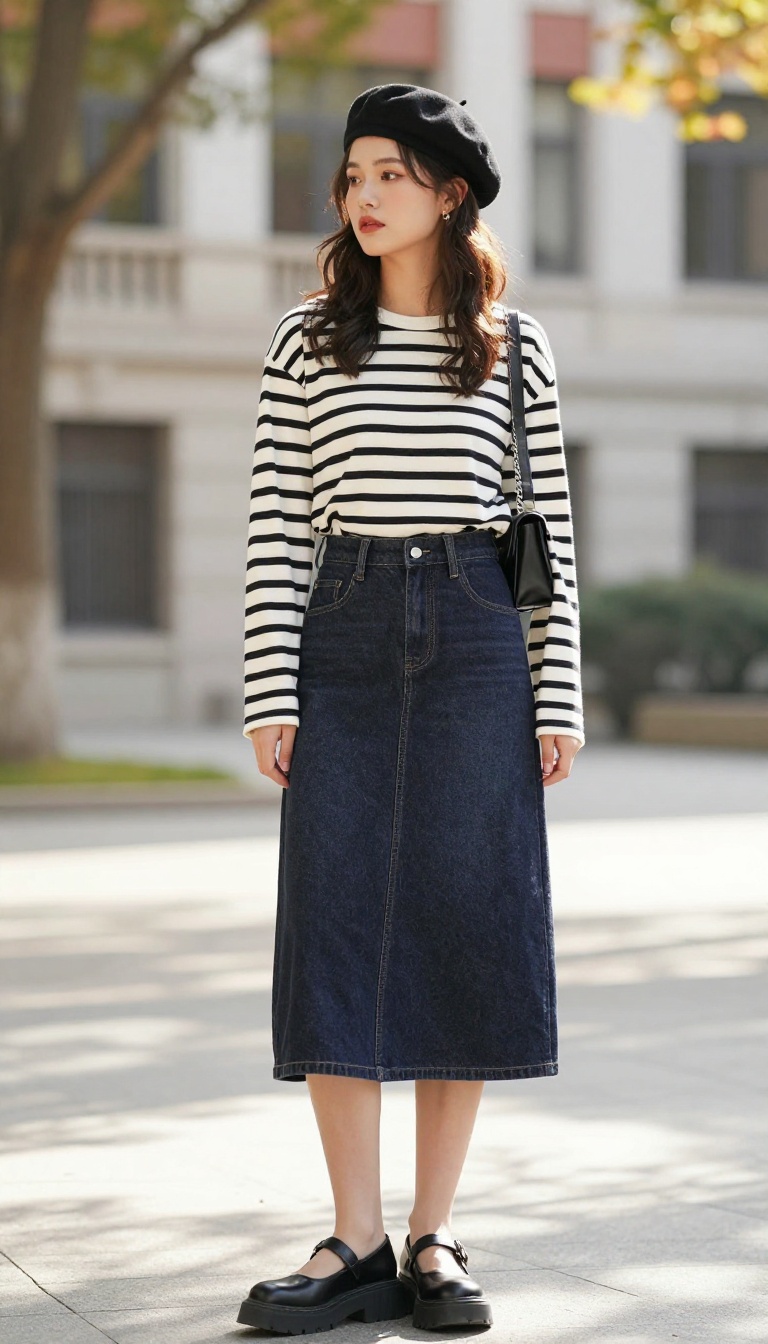 6. Striped Long-Sleeve + Denim Skirt + Mary Janes