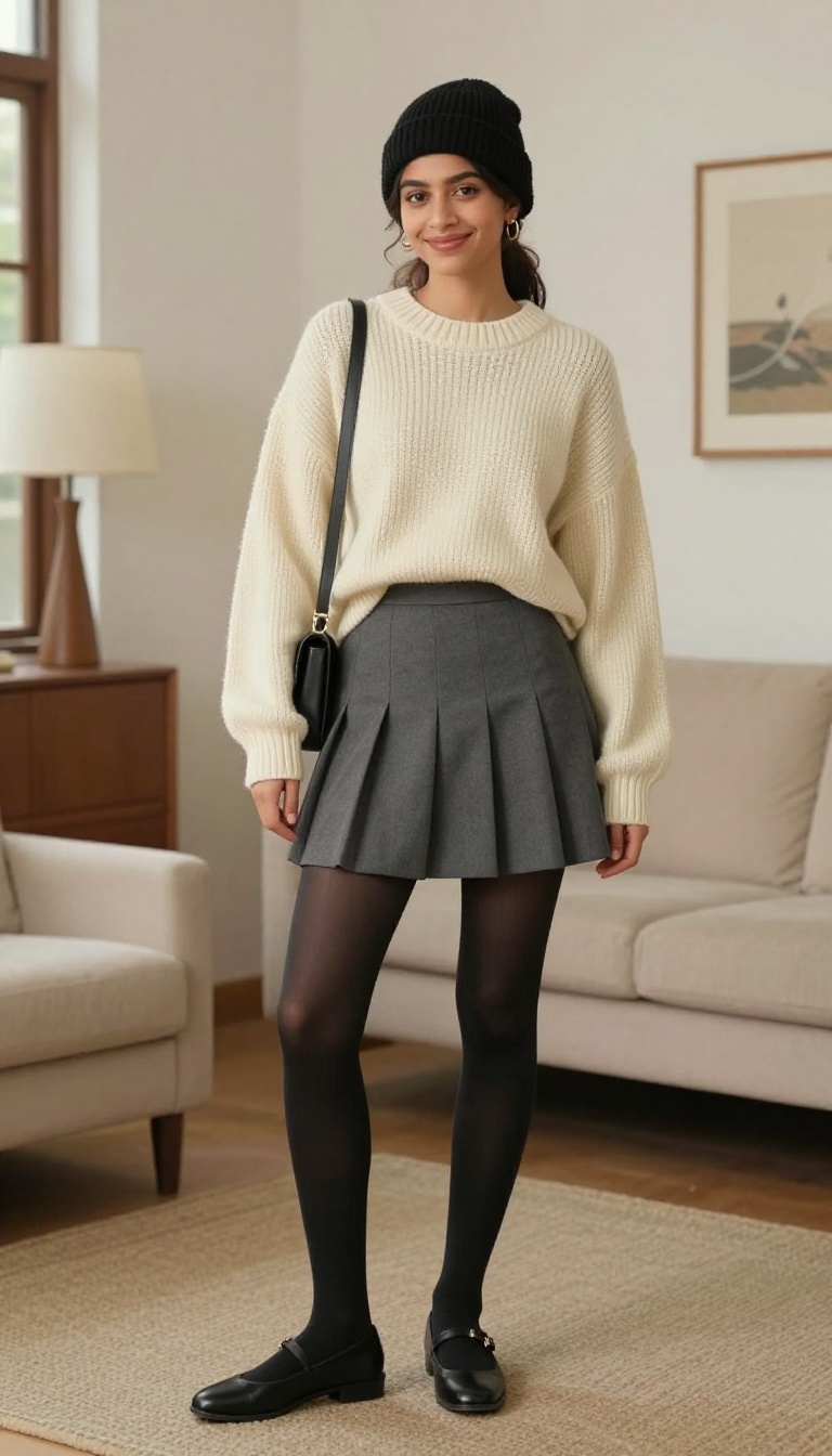 7. Chunky Sweater With Pleated Skirt