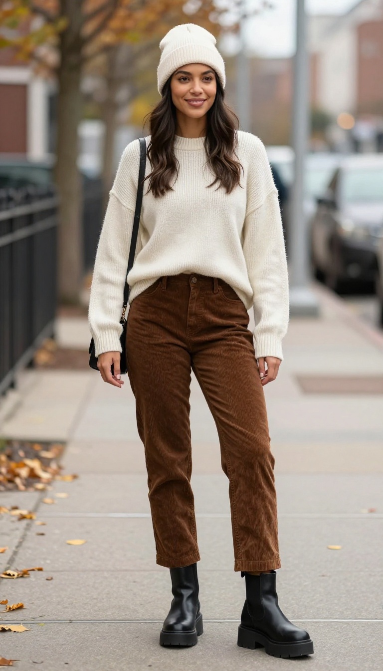 14. Corduroy Pants with a Knit Sweater and Platform Boots