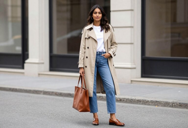 Woman in beige trench coat and jeans, old money style outfit